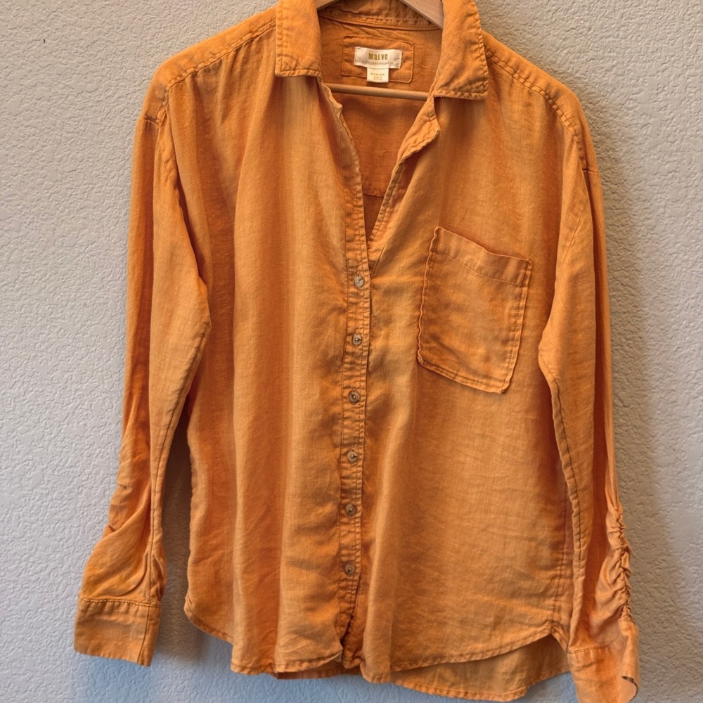 Maeve Anthropologie Linen Button Down Shirt Womens Medium Orange Ruched Sleeve